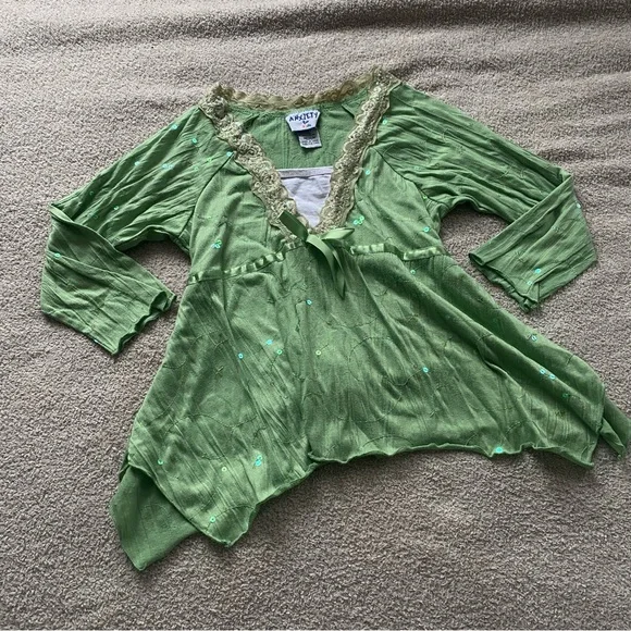 Vintage Kids Y2K boho green sequin long sleeve medium blouse - Picture 1 of 10